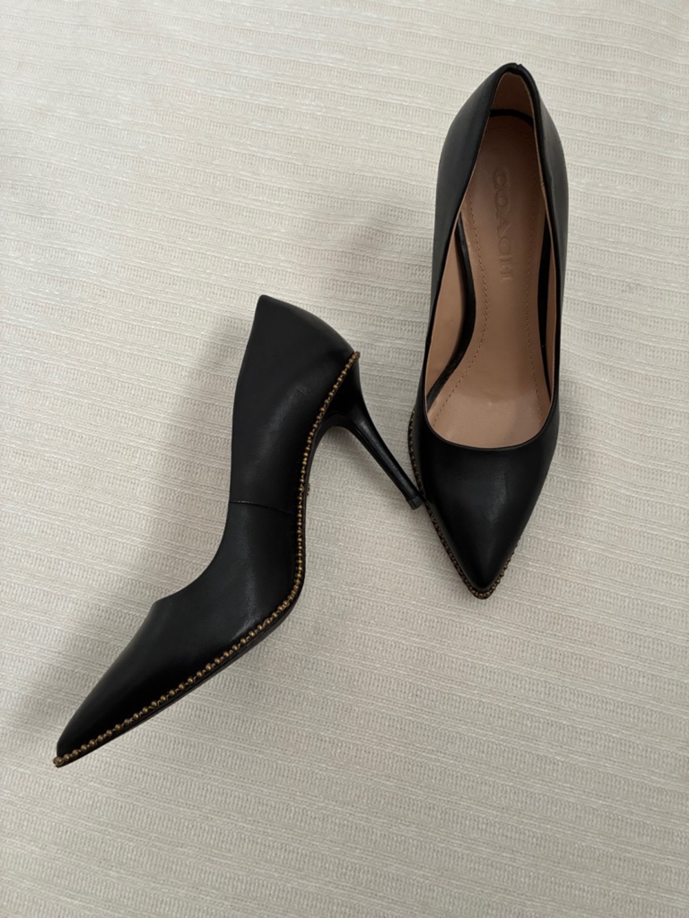 Coach Waverly Black Leather Pointed Toe Stilettos with Stud Trim